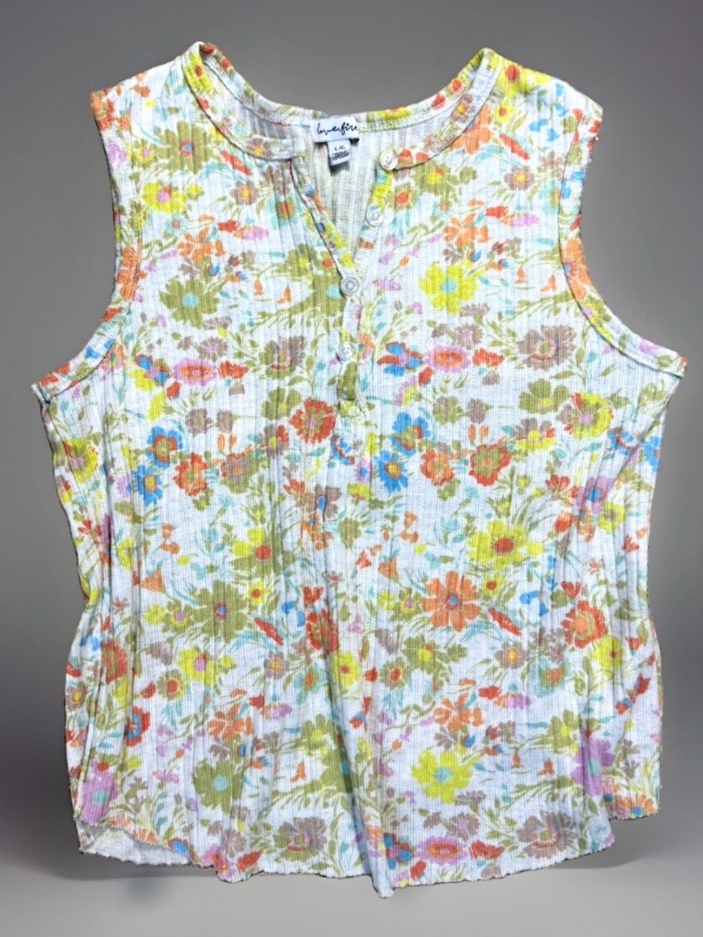 Womens Sleeveless tank Top Size L White Flower Floral Summer Shirt Love, Fire